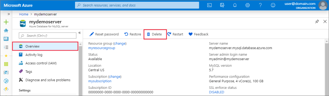 Azure Database for MySQL でサーバーを削除する際の Azure portal のスクリーンショット