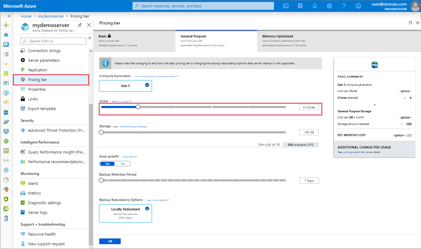 Azure Database for MySQL で仮想コア オプションを選択する際の Azure portal のスクリーンショット