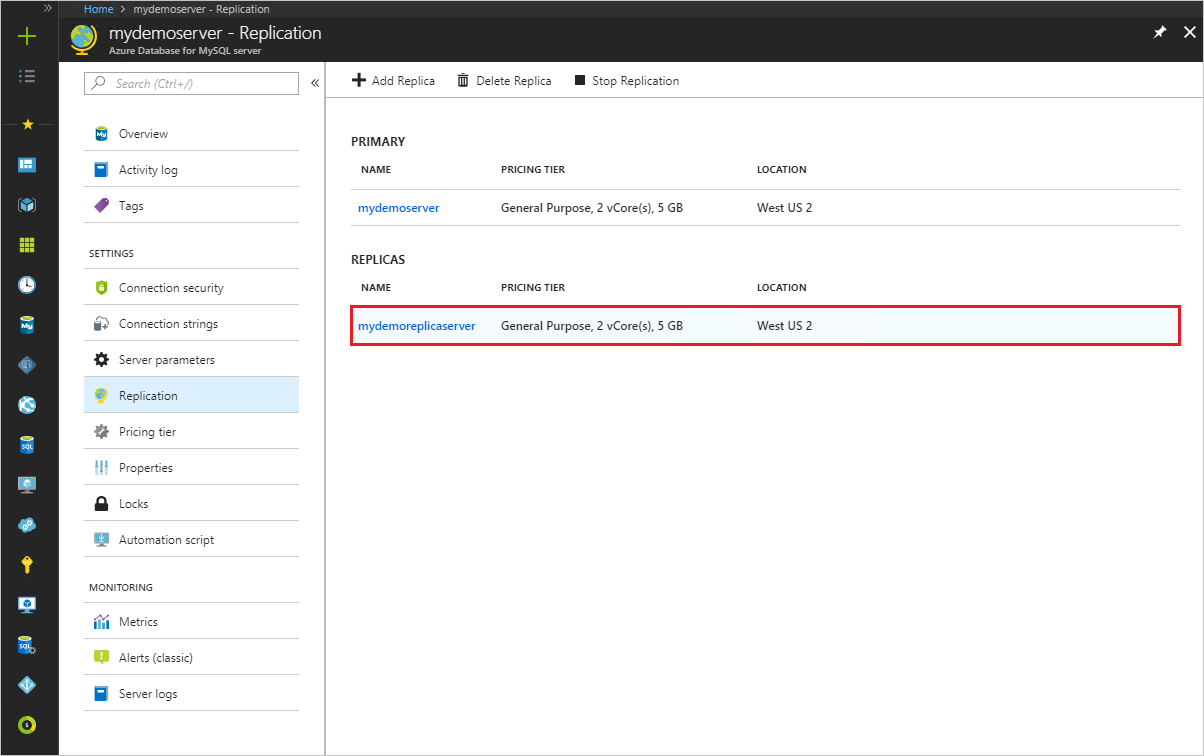 Azure Database for MySQL - レプリカ選択サーバーの停止