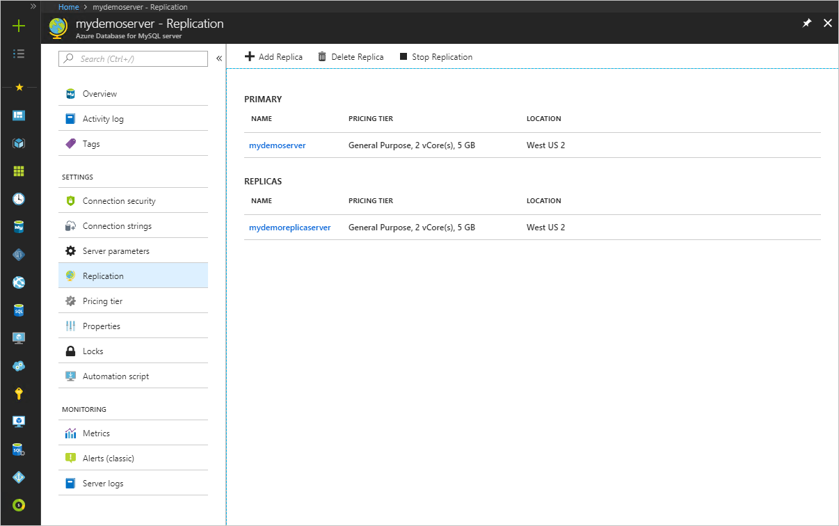 Azure Database for MySQL - レプリカの一覧