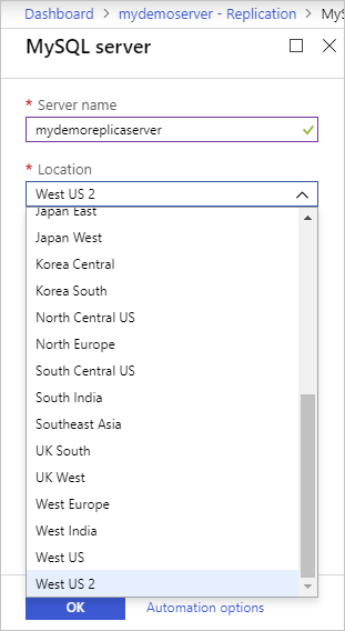 Azure Database for MySQL - レプリカの場所