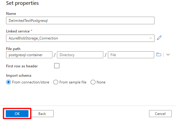 Azure Data Factory でデータセットの PostgreSQL プロパティを設定する方法を示すスクリーンショット。