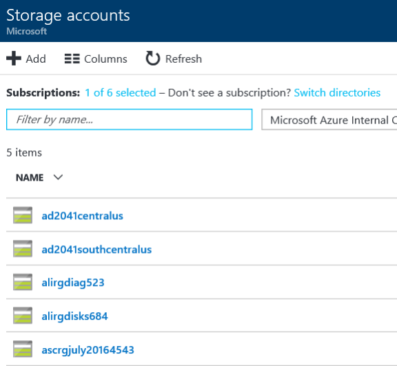 ストレージ アカウントの一覧を示すスクリーンショット