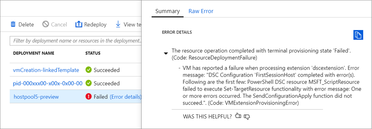 PowerShell DSC 構成 'FirstSessionHost' がエラーで完了した場合のデプロイ失敗のスクリーンショット。