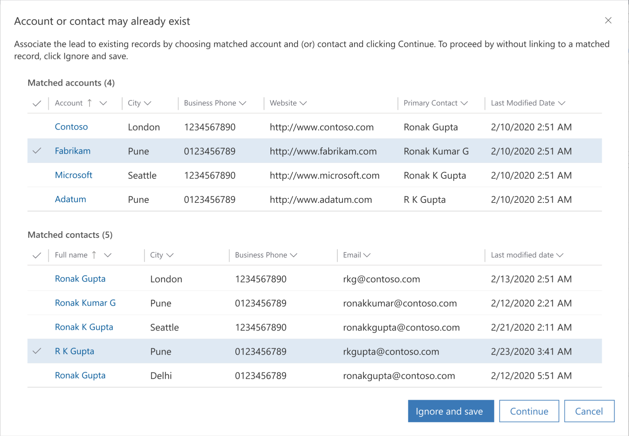 Lead qualification duplicate detection dialog