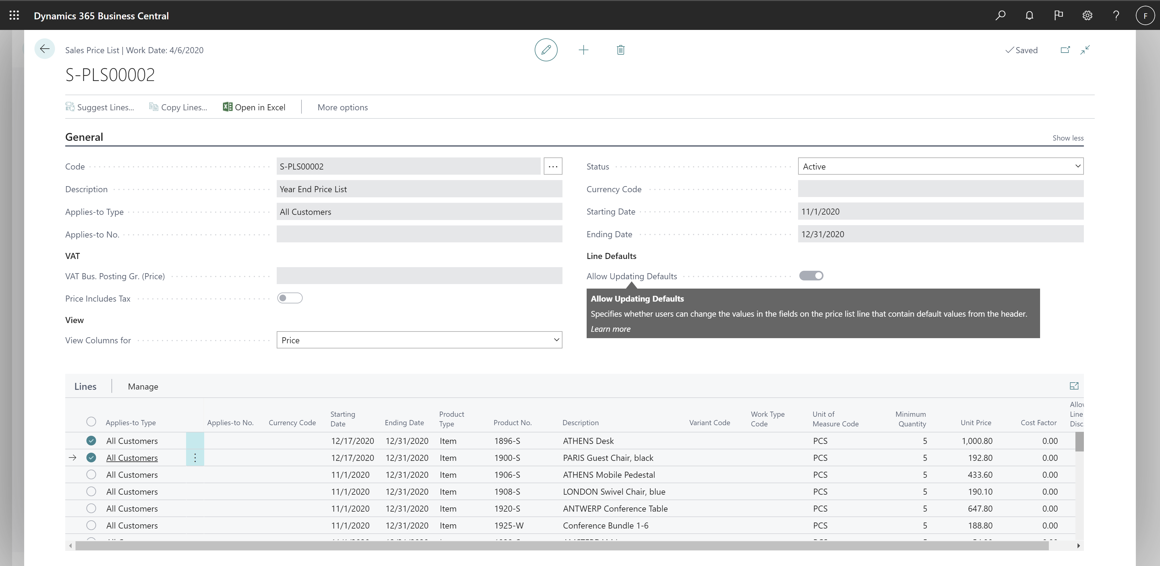 Sales Price List with Allow Updating Defaults check box enabled