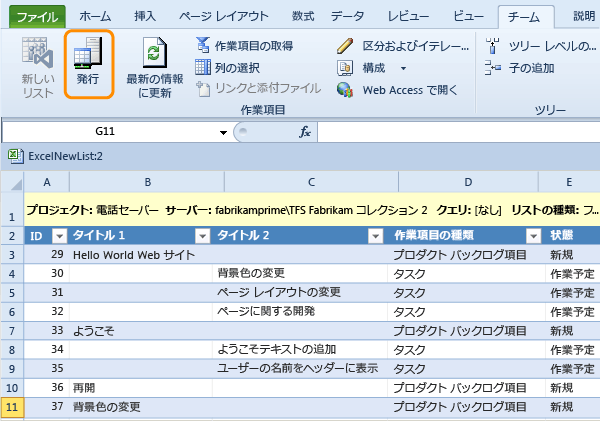 作業項目のツリー リストの発行