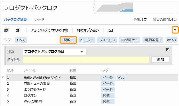 一覧をフィルター処理するタグの選択