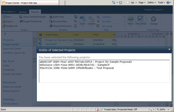 Modal dialog showing GUIDs of selected projects