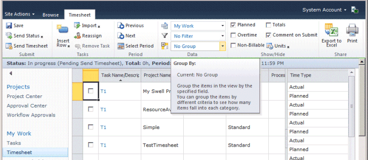 Default Timesheet ribbon, single entry mode