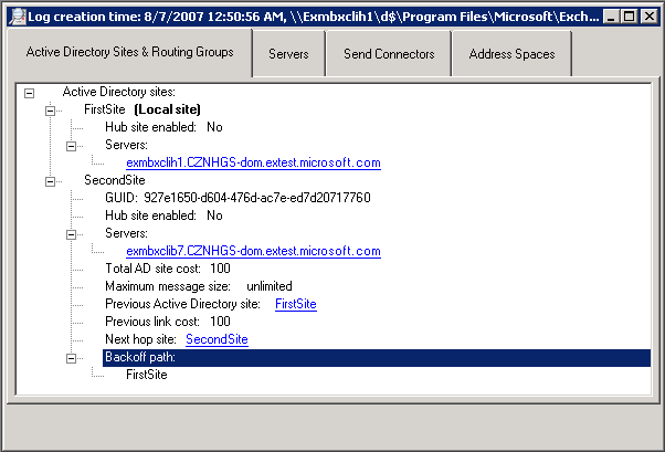 [Active Directory サイトとルーティング グループ] タブ