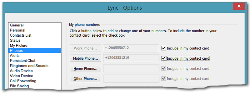 Lync Phones の設定オプションのスクリーンショット