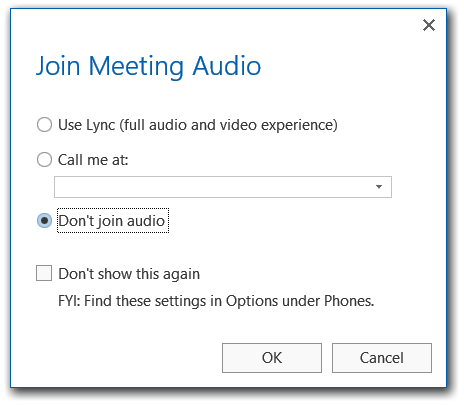 Lync が会議のオーディオ ウィンドウに参加しないスクリーンショット