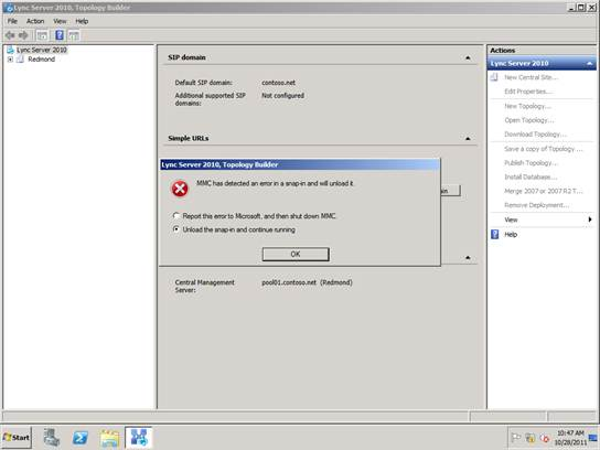 Lync Server トポロジ ビルダー MMC スナップ エラー