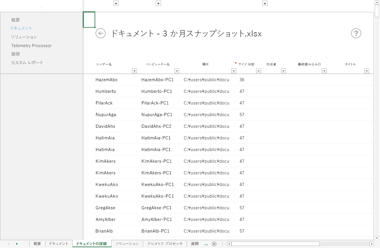 Office テレメトリ ダッシュボード内の [ドキュメントの詳細] ワークシートのスクリーンショット
