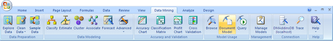 [ドキュメント モデル] ボタン、[データ マイニング] リボンの [