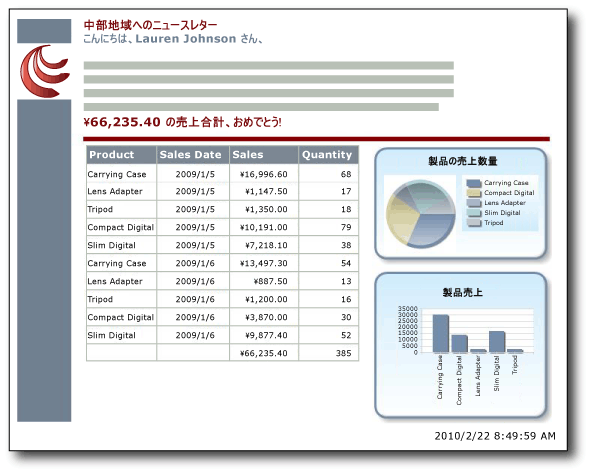 テーブル、グラフ、およびゲージのある自由形式のレポート