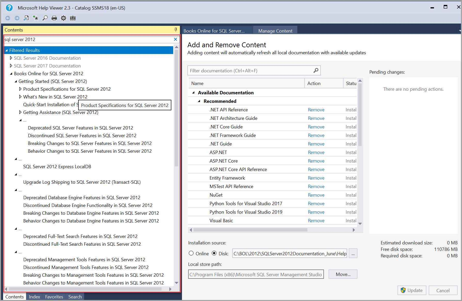 自動的に更新された SQL Server 2012 ドキュメント