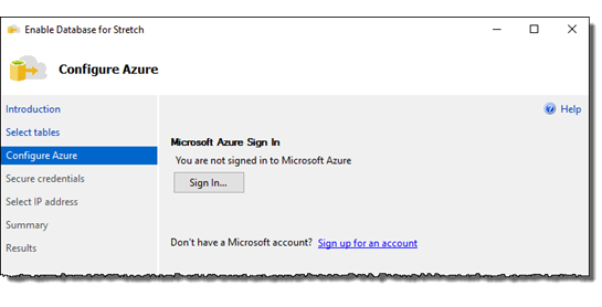 Azure サインインする方法を示すスクリーンショット - Stretch Database ウィザード。