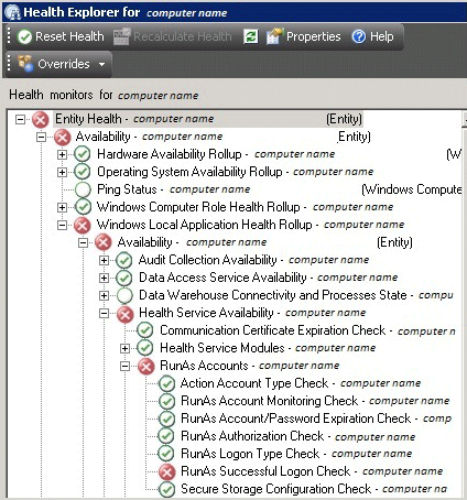 ヘルス エクスプローラーに表示される重大状態のモニター