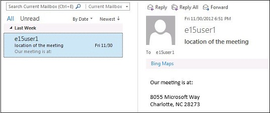 Bing Maps を含む電子メール メッセージのスクリーンショット。