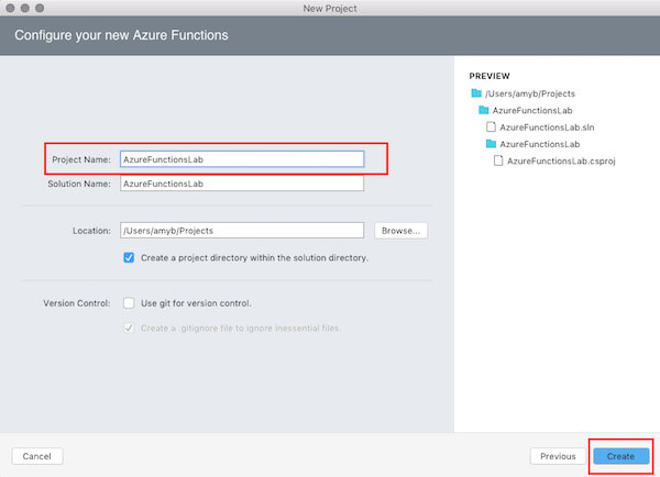 naming and creating your Azure function project