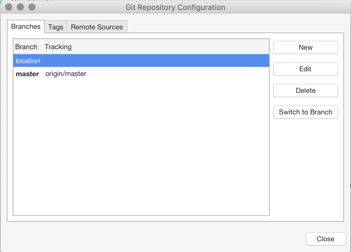 A screenshot of the Manage Branches and Remotes view, with a location branch selected.