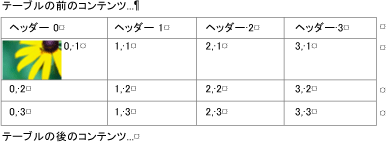 テキスト コンテナ内にイメージを含む埋め込みテーブル