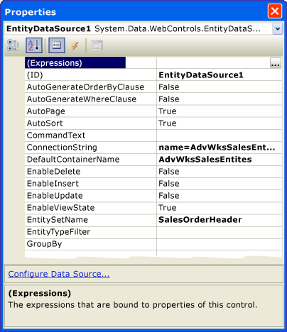 EntityDataSource プロパティ ページ