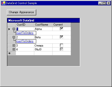 複数のテーブルを持つデータにバインドされた DataGrid