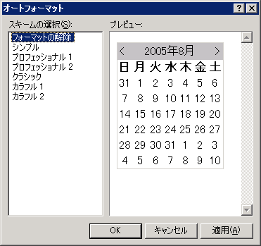 [自動フォーマット] ダイアログ ボックス (Calender コントロール)