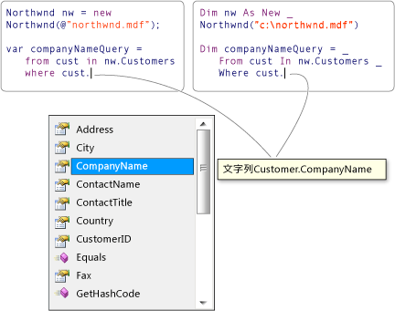 Intellisense を使用する LINQ クエリ