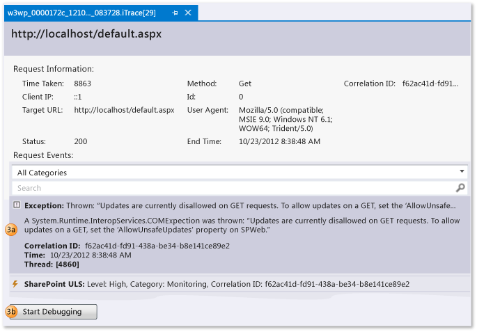 IntelliTrace ログ ファイル - Web 要求とイベントの表示