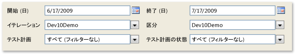 テスト計画の進行状況レポートのフィルター