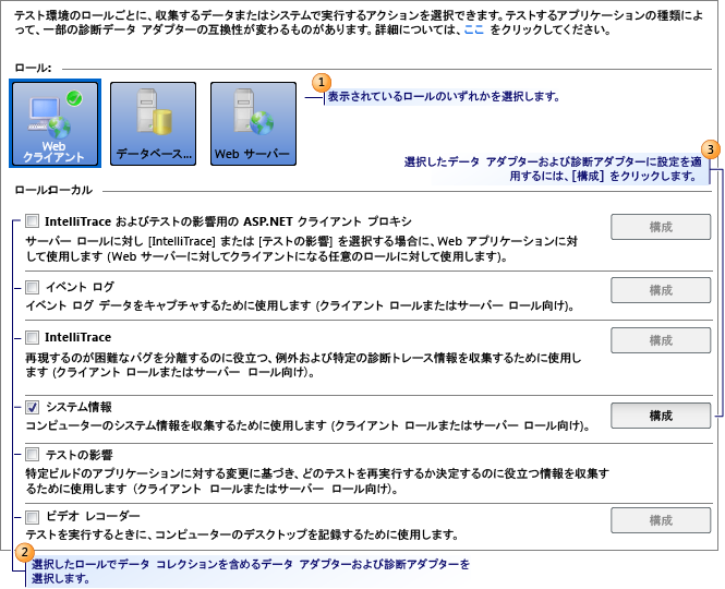 テスト設定のデータと診断ページ