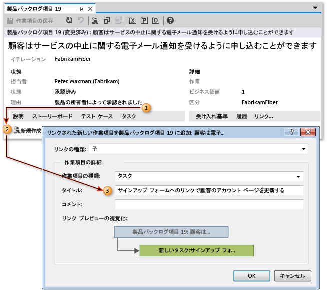 リンクされた作業項目の追加