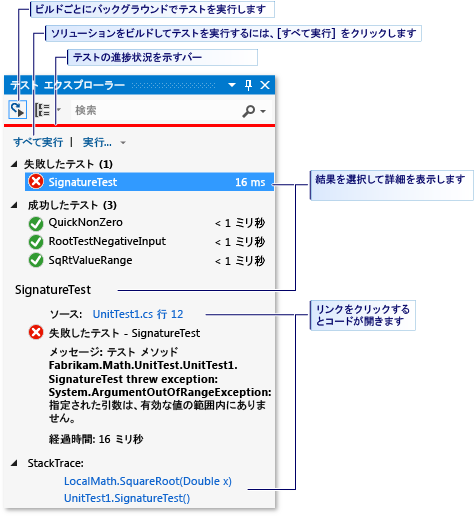 [すべて実行] ボタンを示すテスト エクスプローラー