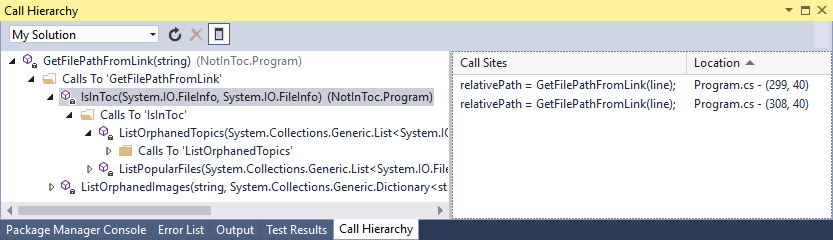 Call Hierarchy window with multiple levels expanded