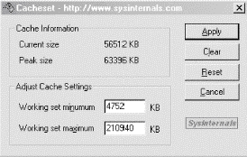 Figure 7-24: . CacheSet's defaults for a 256 MB machine with LargeSystemCache enabled