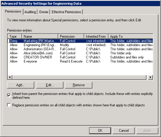 Modified Permission Entries on Engineering Folder