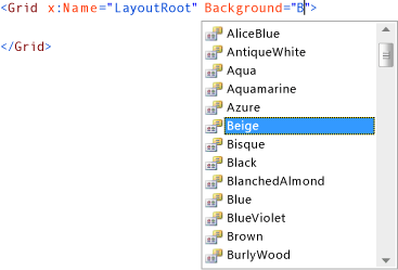 IntelliSense window in XAML view