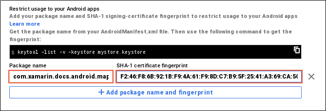 Package name entered is com.xamarin.docs.android.map