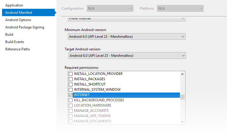 Setting the INTERNET permission in the Android Manifest