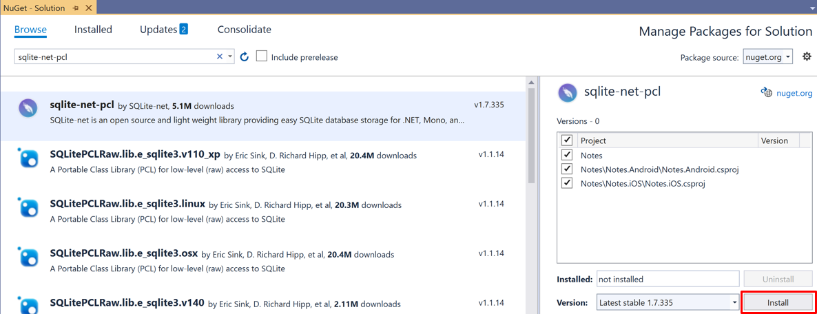 sqlite-net-pcl を選択します