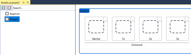 Visual Studio での資産カタログ内の新しいイメージ セットのスクリーンショット