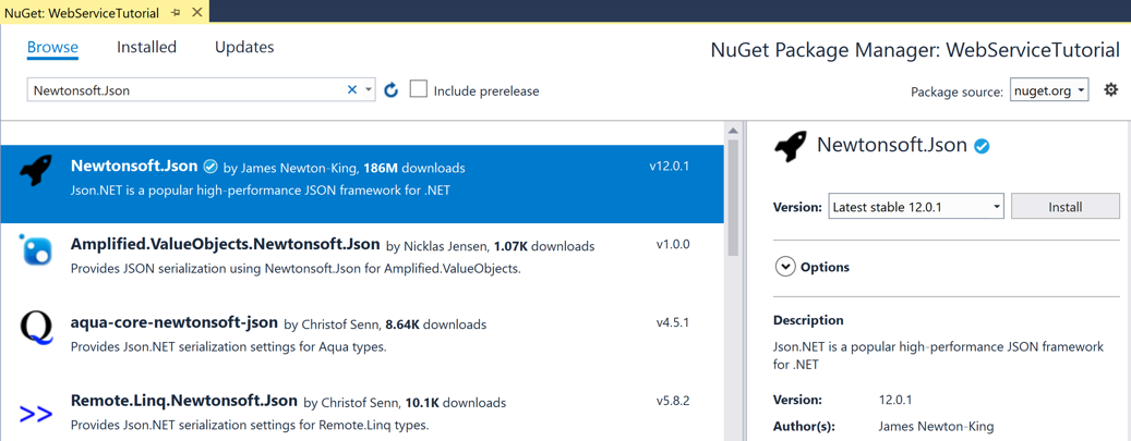 NuGet パッケージ マネージャーの Newtonsoft.Json NuGet パッケージのスクリーンショット