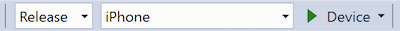 ソリューション構成がリリースに設定され、ソリューション プラットフォームが iPhone に設定され、ターゲットがデバイスに設定されていることを示す、Visual Studio ツール バーのスクリーンショット。