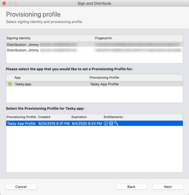 有効な署名 ID、アプリ、プロビジョニング プロファイルの選択を示すプロビジョニング プロファイル ウィザード ページのスクリーンショット。