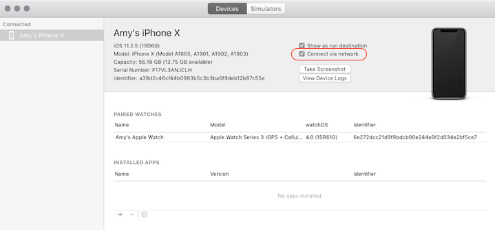 Device and Simulator window showing Connect via network option