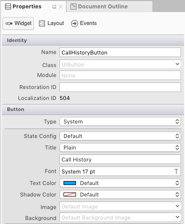 ボタンの [名前] を CallHistoryButton に変更し、[タイトル] を通話履歴に変更する